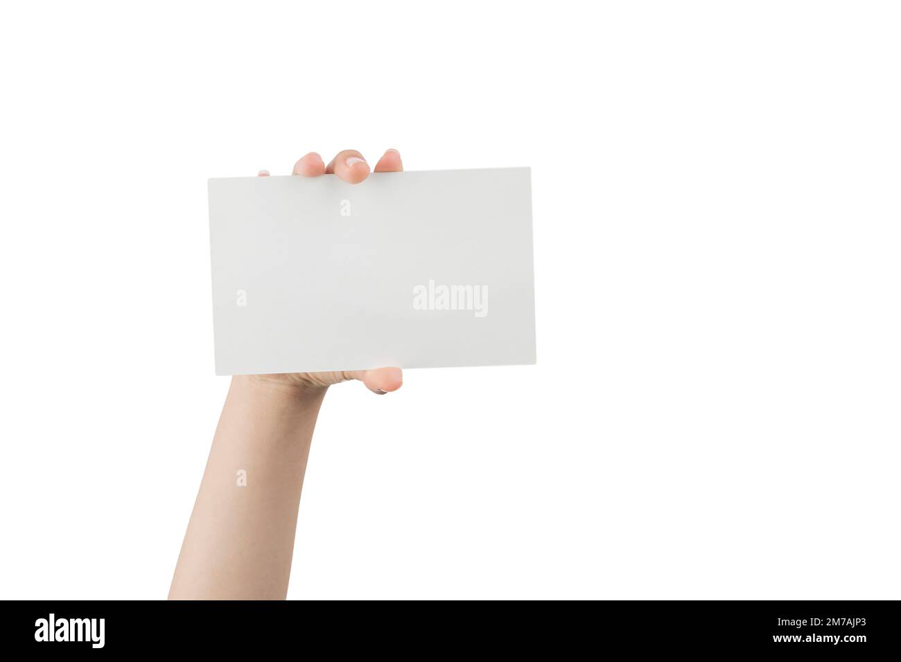 Hand of a young woman holding a white cardboard to mount an image or advertising text, with a white background. Stock Photo