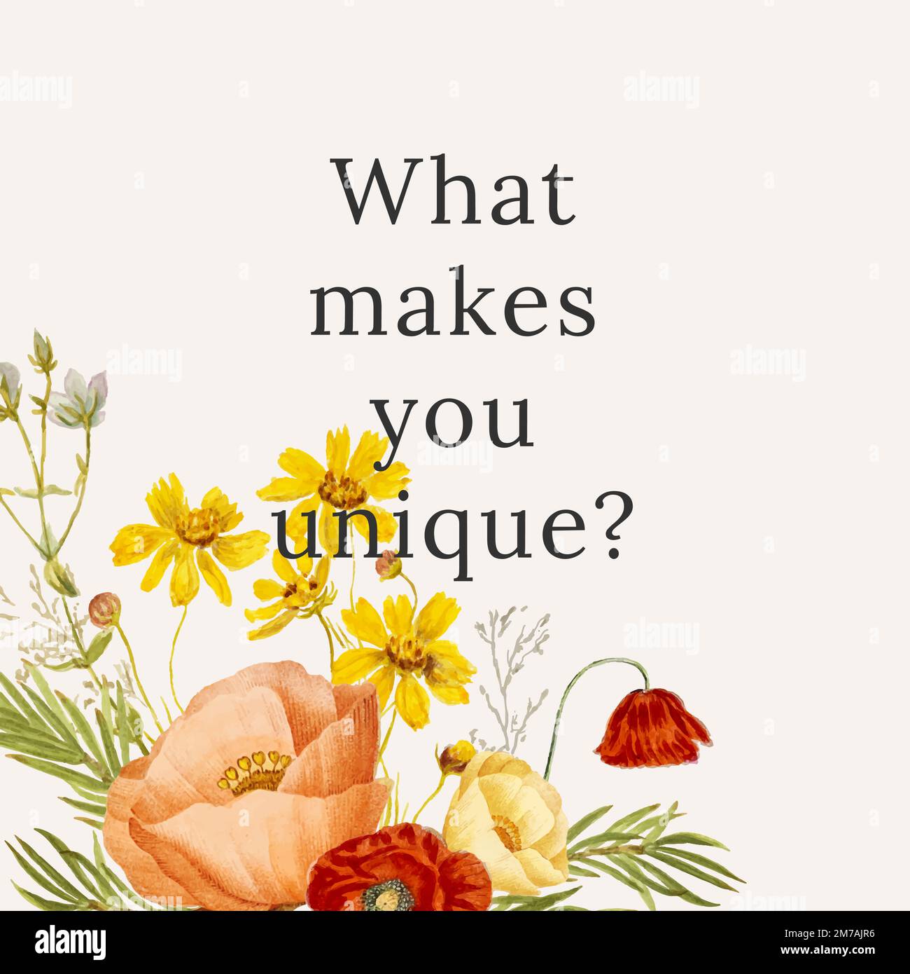 Floral quote template vector illustration with what makes you unique? text, remixed from public domain artworks Stock Vector