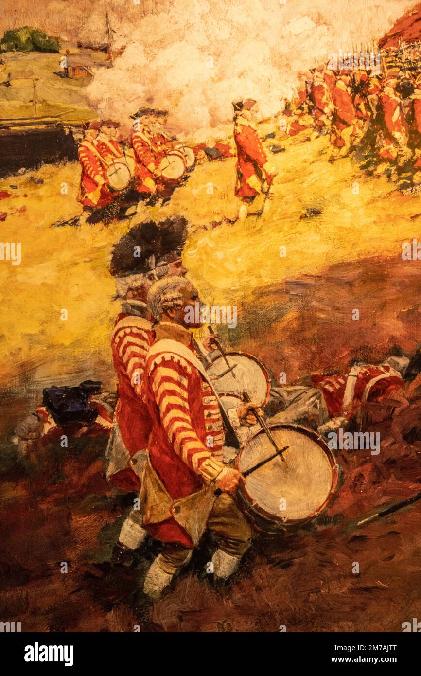 a section of a painting of British soldiers going to battle at the Bunker Hill Musuem depicting the battle at Breed's Hill Stock Photo