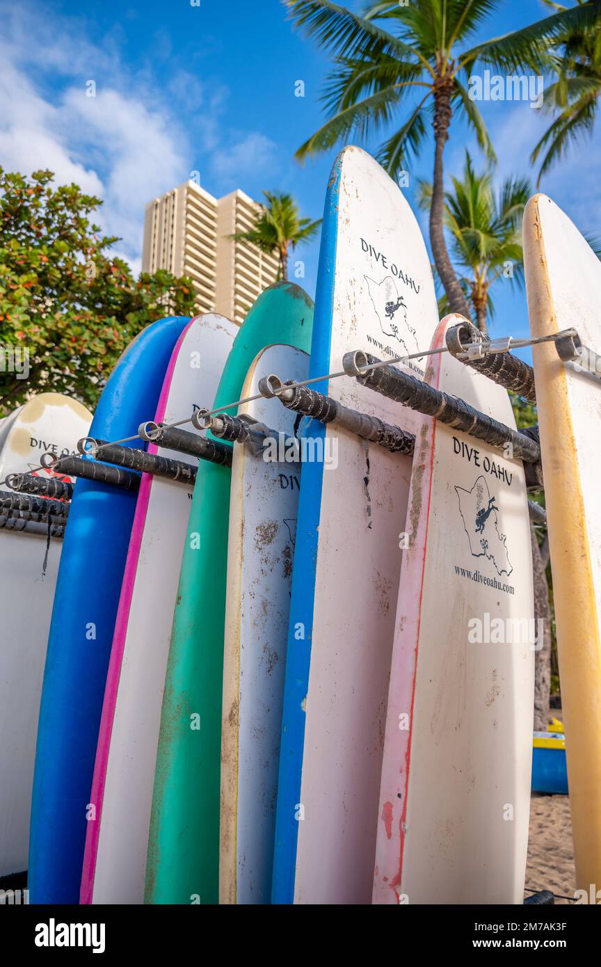 Honolulu, Hawaii December 29, 2022 Dive Oahu surfboards on Waikiki