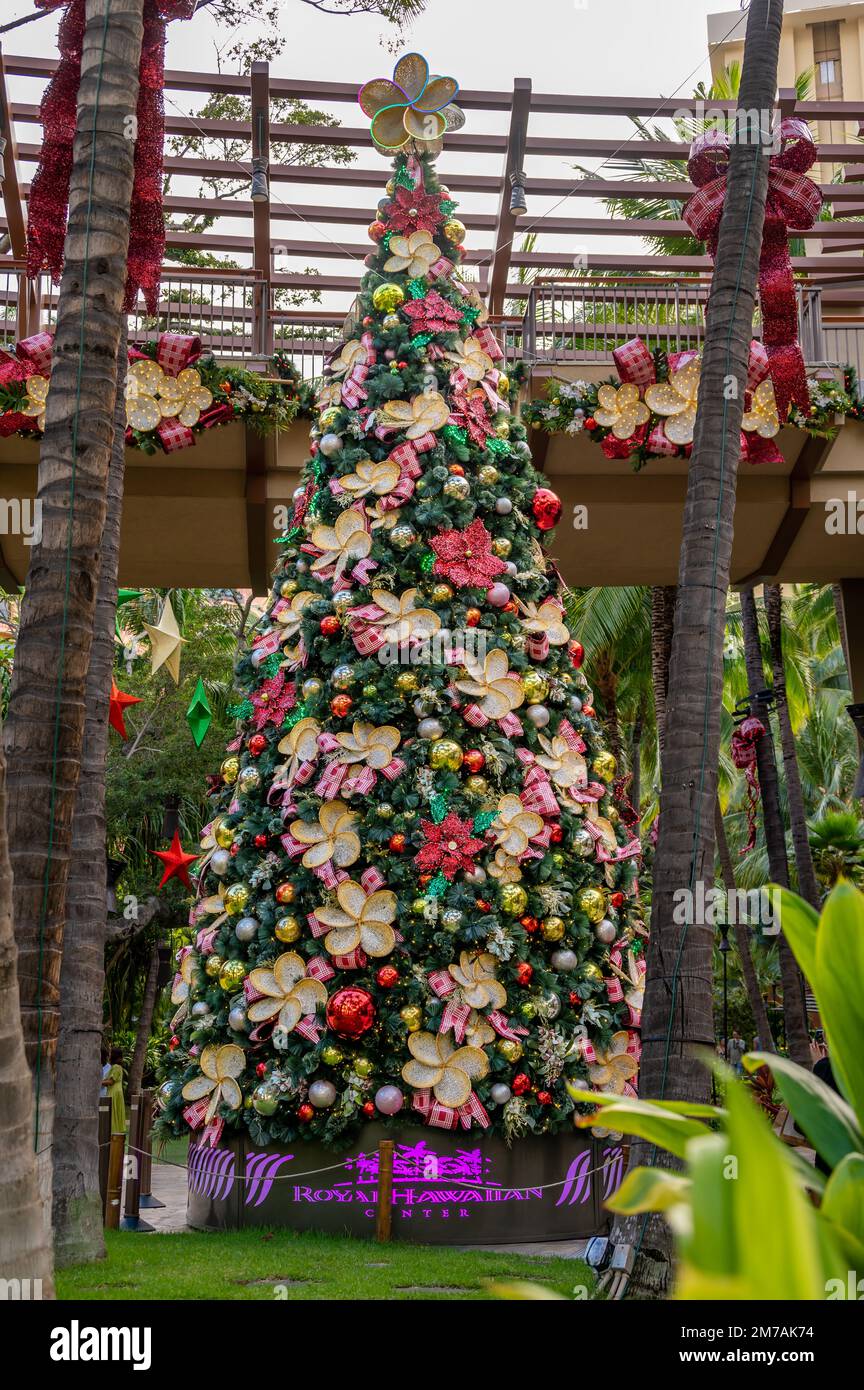 Honolulu, Hawaii December 29, 2022 Christmas Tree at the Royal