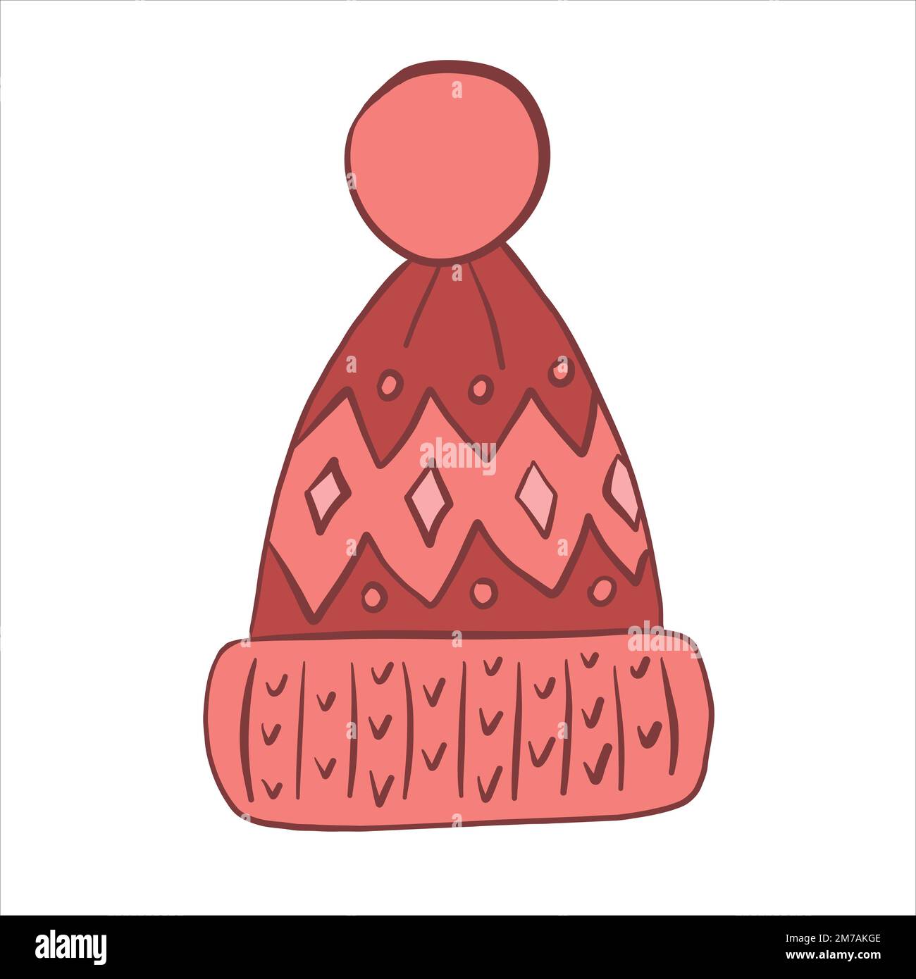 Vector illustration. Warm knitted winter hat with patterns, lapel and pompom Stock Vector