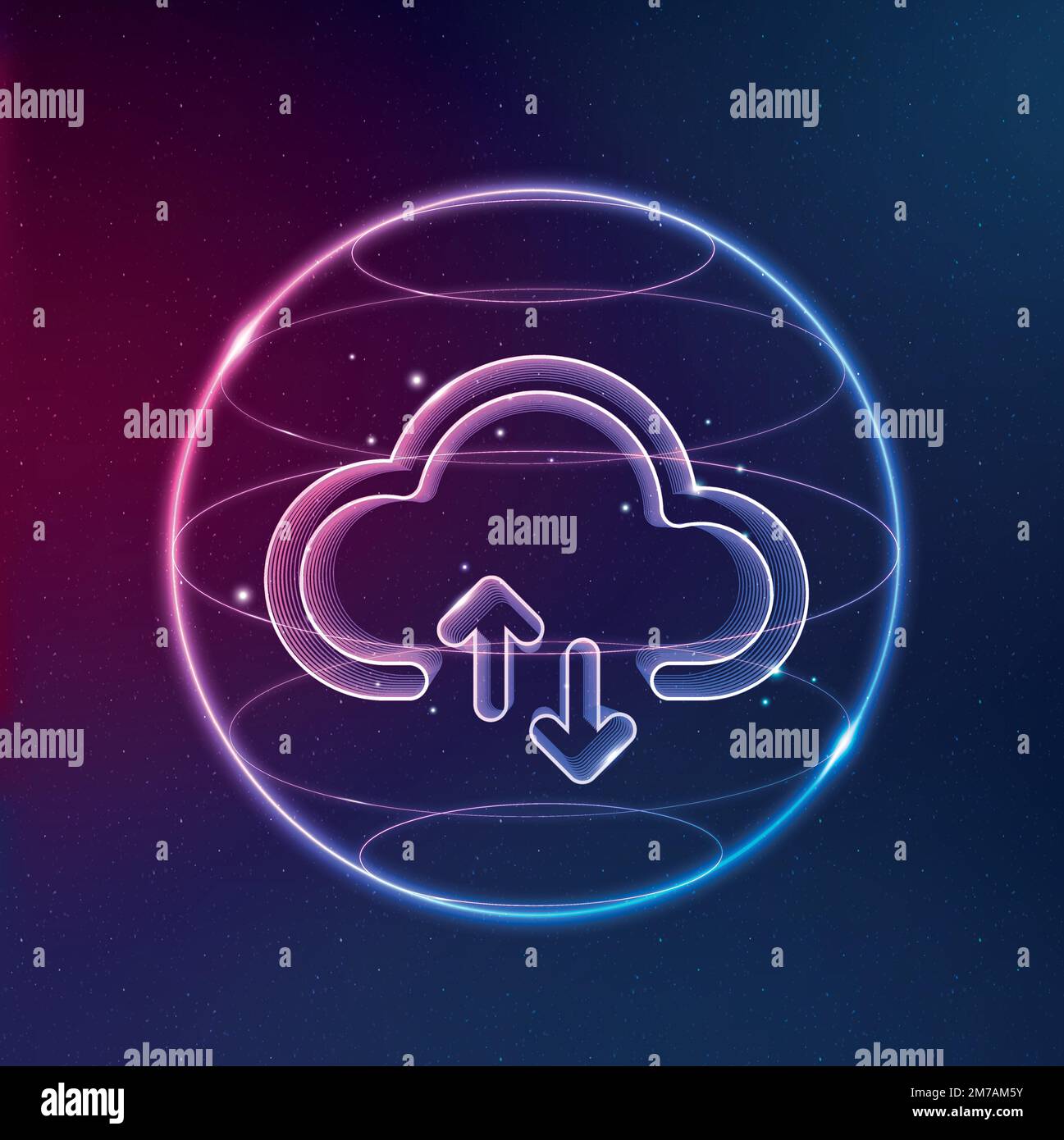Cloud network technology icon vector in neon on gradient background Stock Vector