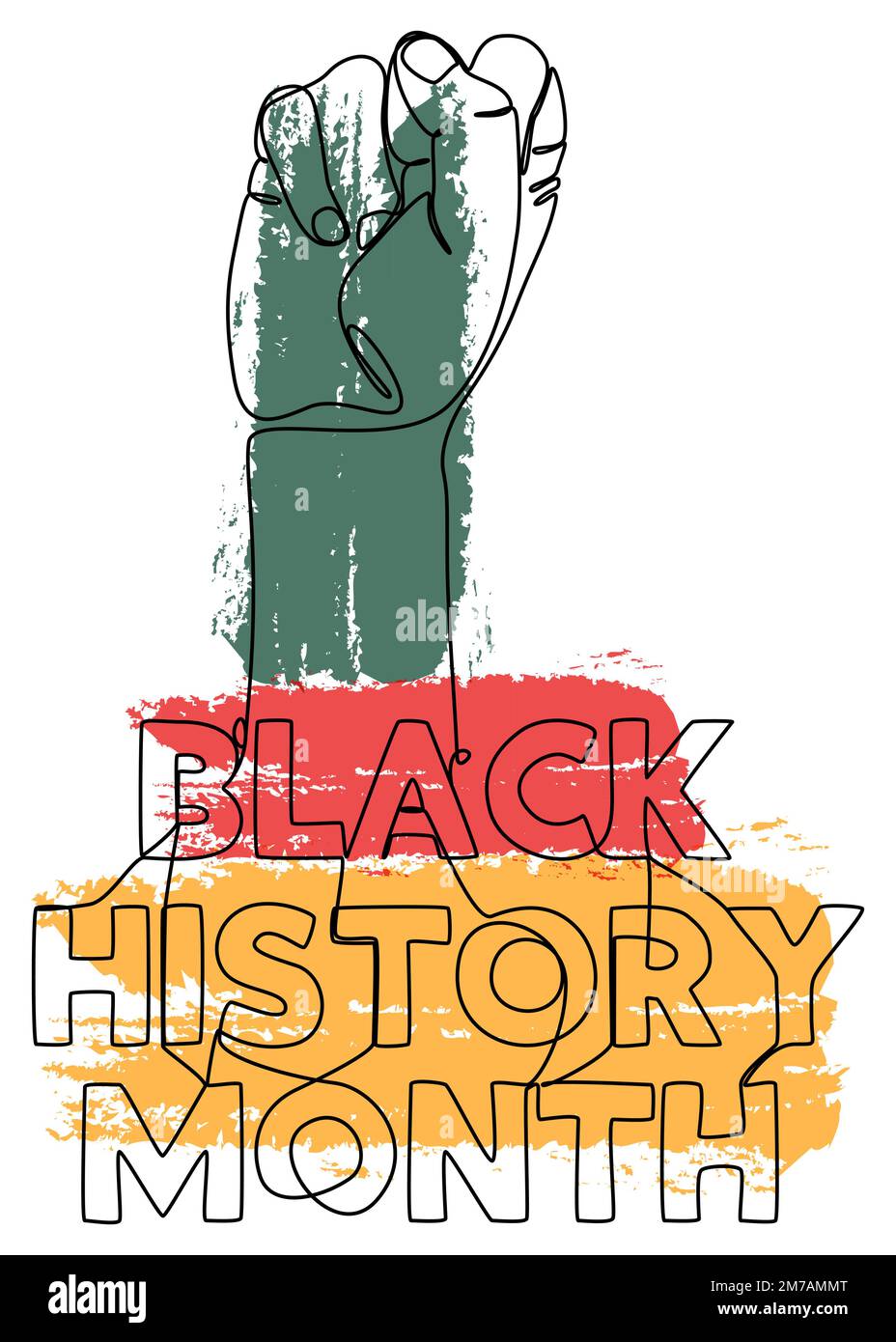 One continuous line of Black History Month text and Clenched, raised fist. Thin Line Illustration vector concept. Contour Drawing Creative ideas. Stock Vector