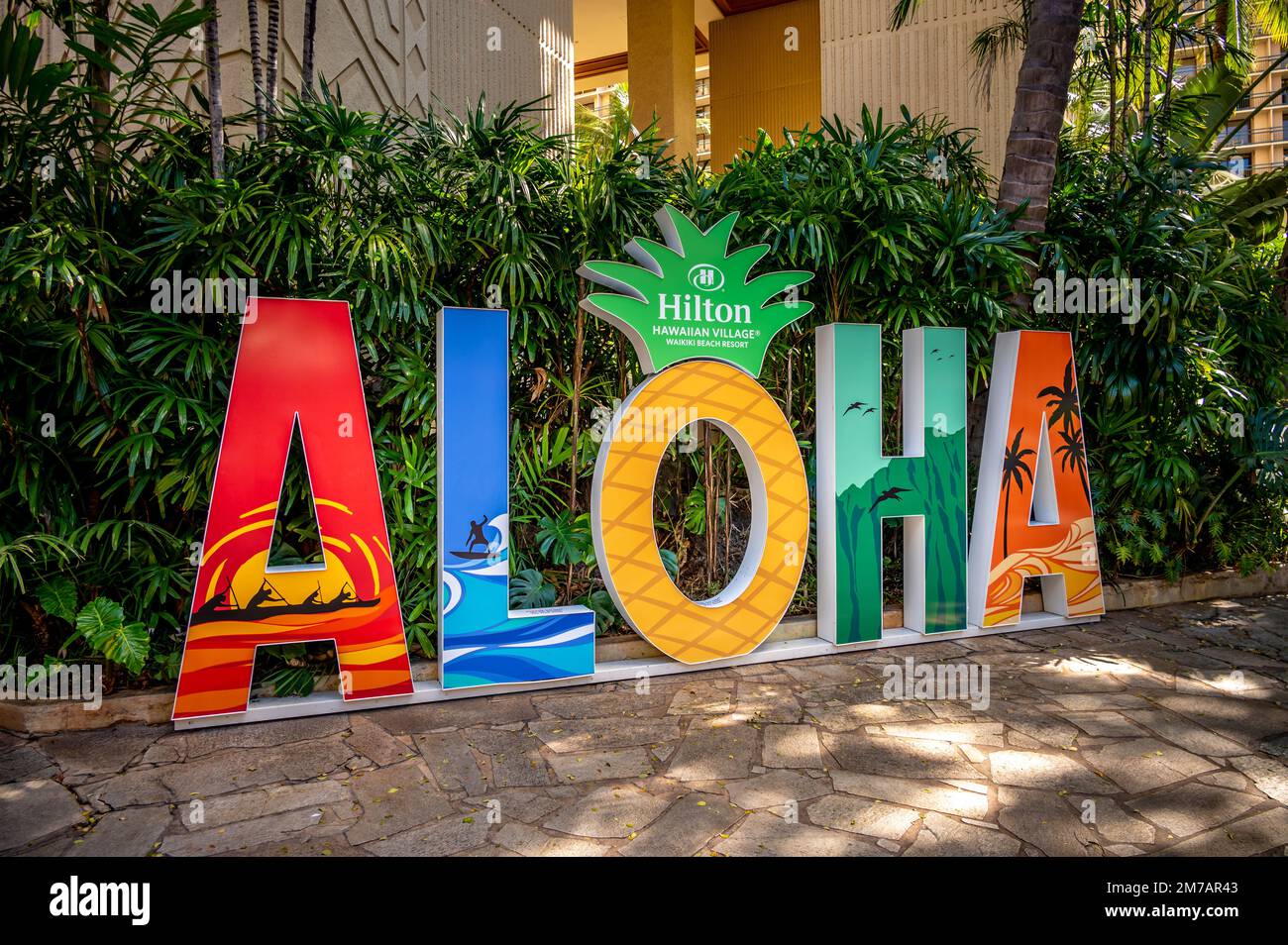 Honolulu, Hawaii December 30, 2022 Aloha sign at the Hilton Hawaiian