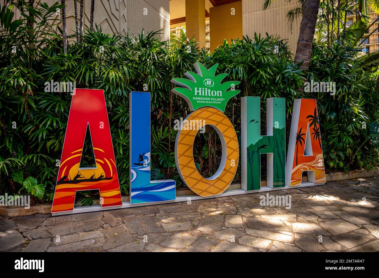 Honolulu, Hawaii - December 30, 2022: Aloha sign at the Hilton Hawaiian  Village Stock Photo - Alamy