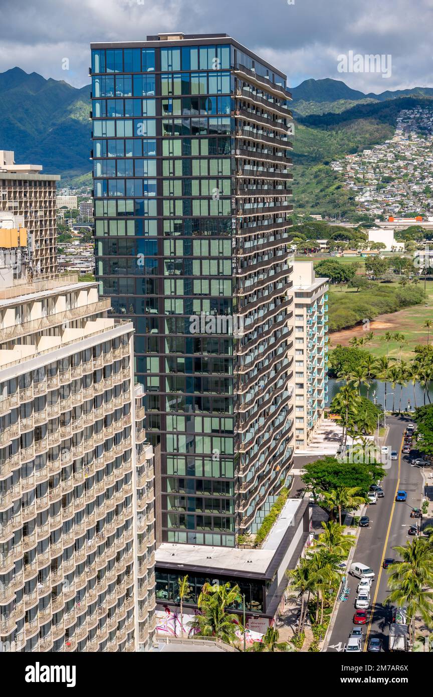 Honolulu, Hawaii - December 30, 2022: View of luxury buildings and hotels in amazing Waikiki and Honolulu Stock Photo