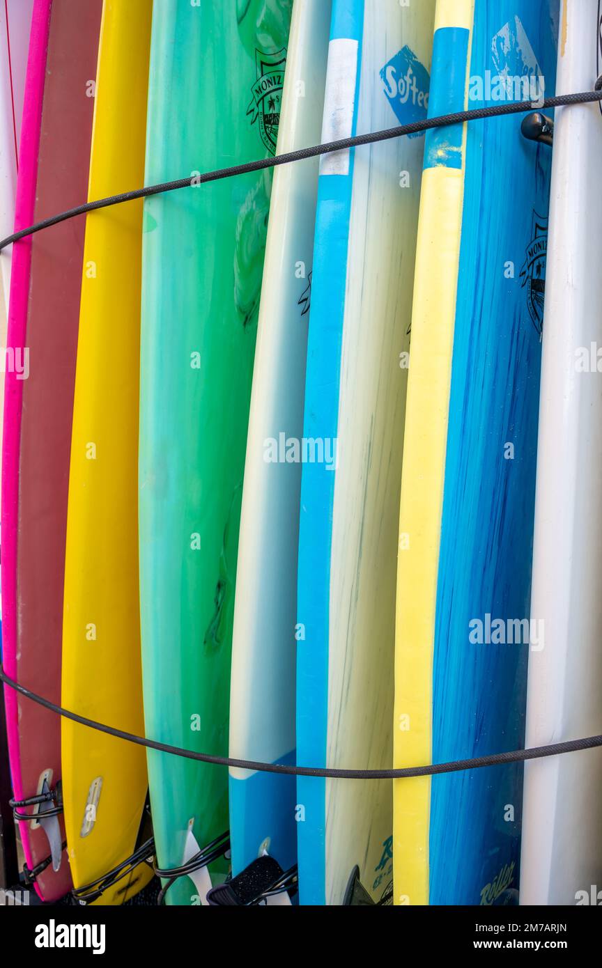 Honolulu, Hawaii January 1, 2023 Surfboards lined up in storage in
