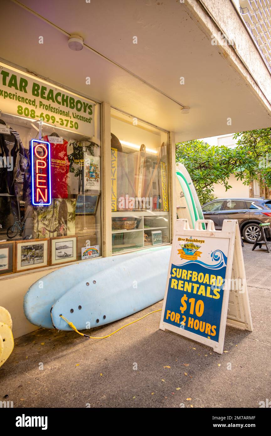 Honolulu, Hawaii January 1, 2023 Star Beachboys rental surfboards in