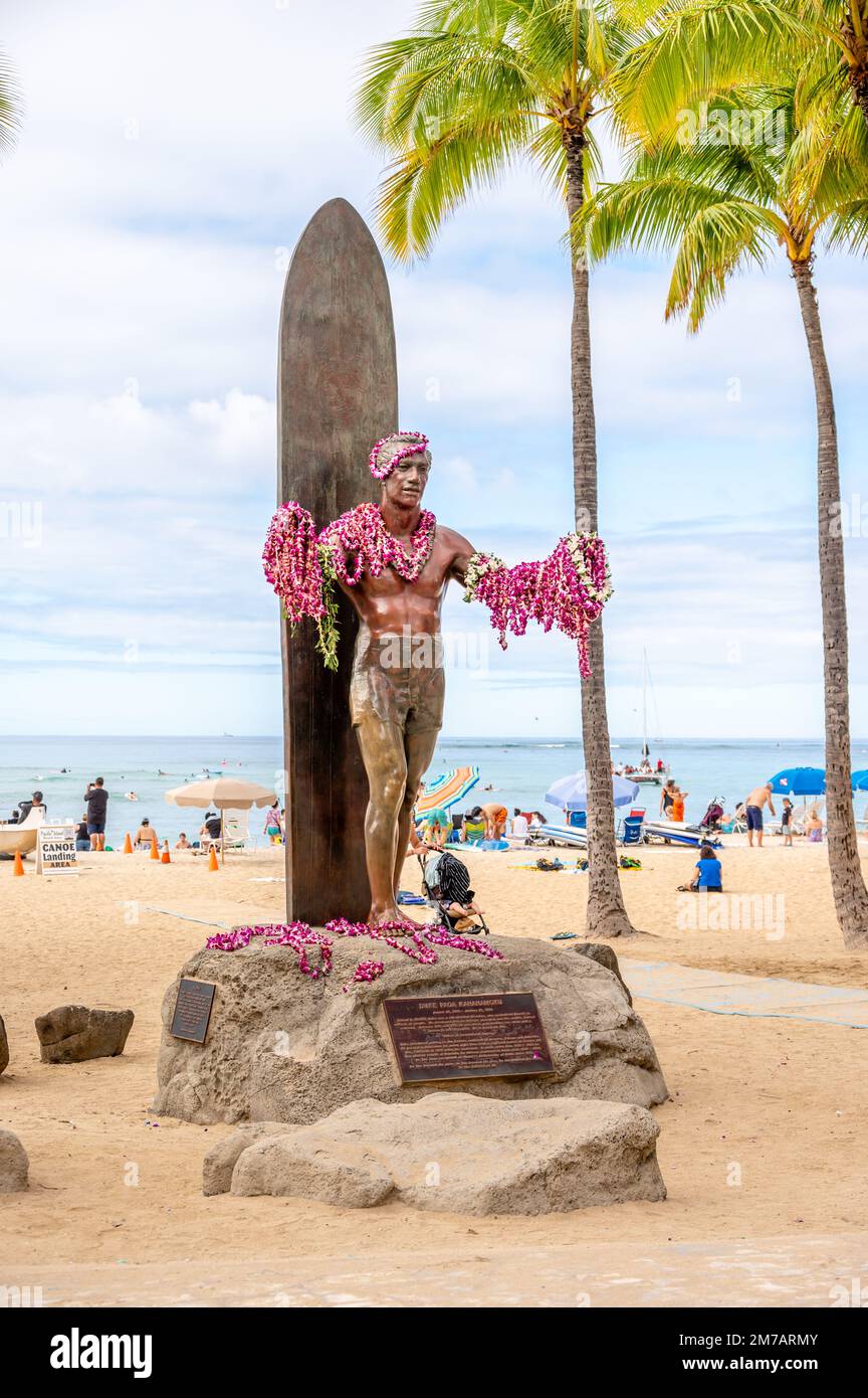 Honolulu, Hawaii January 1, 2023 Duke Kahanamoku statue in front of