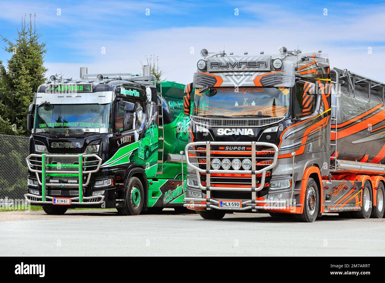 Beautifully customized green Scania R540 Movin' On and S650 tank trucks for bulk transport of Kuljetus Auvinen Oy parked. Salo, Finland. May 29, 2022. Stock Photo