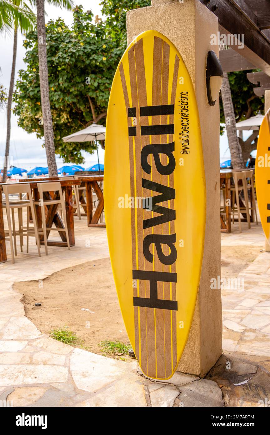 Honolulu, Hawaii January 1, 2023 Surfboard signs at the Waikiki