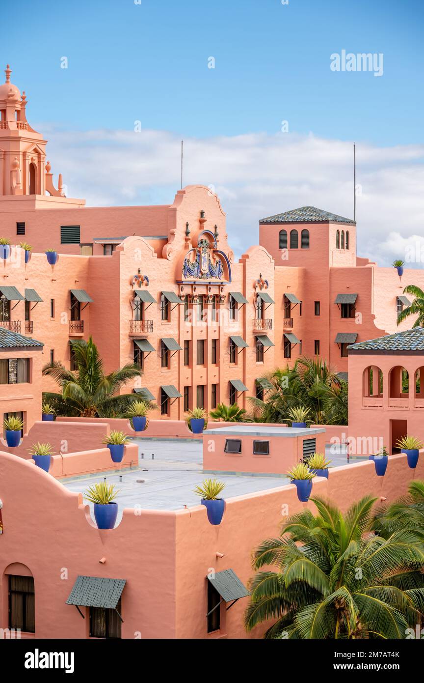 Honolulu, Hawaii - January 1, 2022: View of the Royal Hawaiian Hotel in Waikiki. Stock Photo