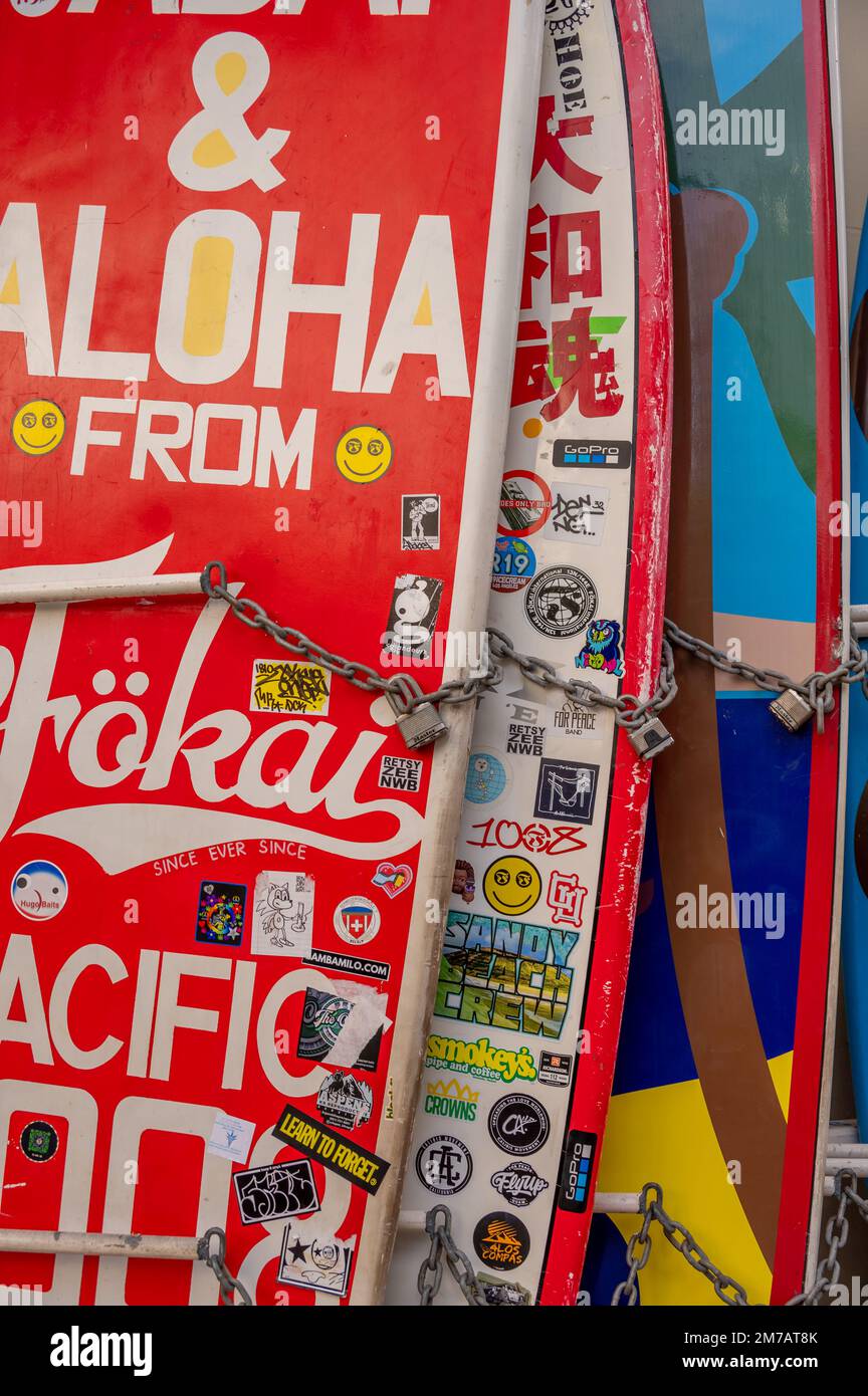 Honolulu, Hawaii January 1, 2023 Surfboards lined up in storage at