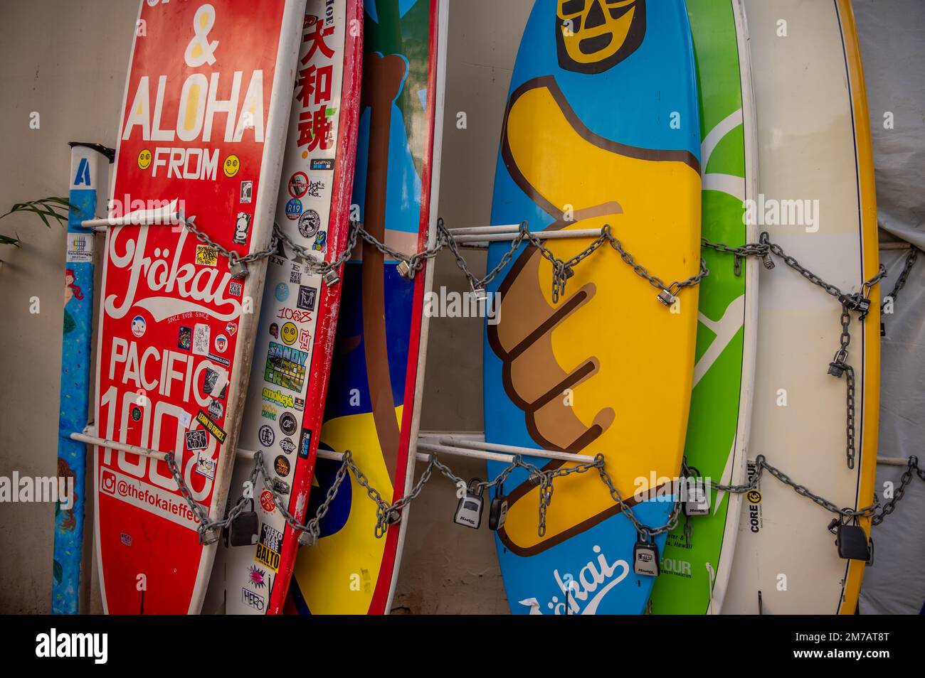 Honolulu, Hawaii January 1, 2023 Surfboards lined up in storage at