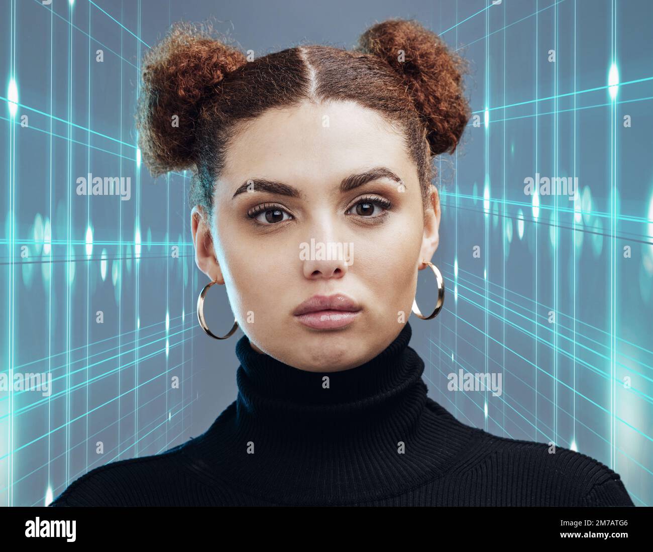Portrait, futuristic and woman with holographic, ai and innovation for digital connection, technology or intelligence. Robotics, female or girl with Stock Photo