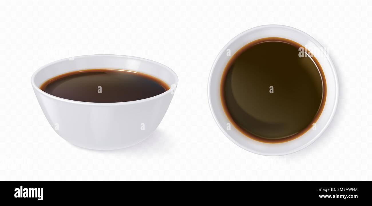 Realistic white bowl with soy sauce or balsamic vinegar isolated on
