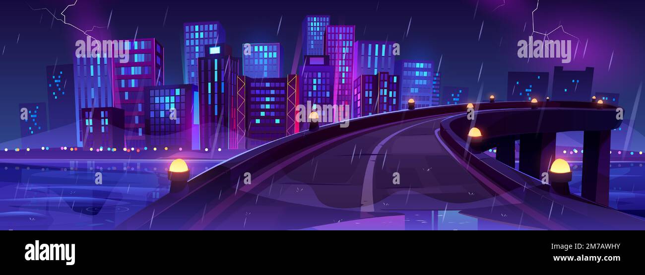 Night rainy city skyline view from bridge, road with glow street lamps, railings and metropolis cityscape with neon glowing skyscraper buildings, urban architecture. Cartoon vector illustration Stock Vector