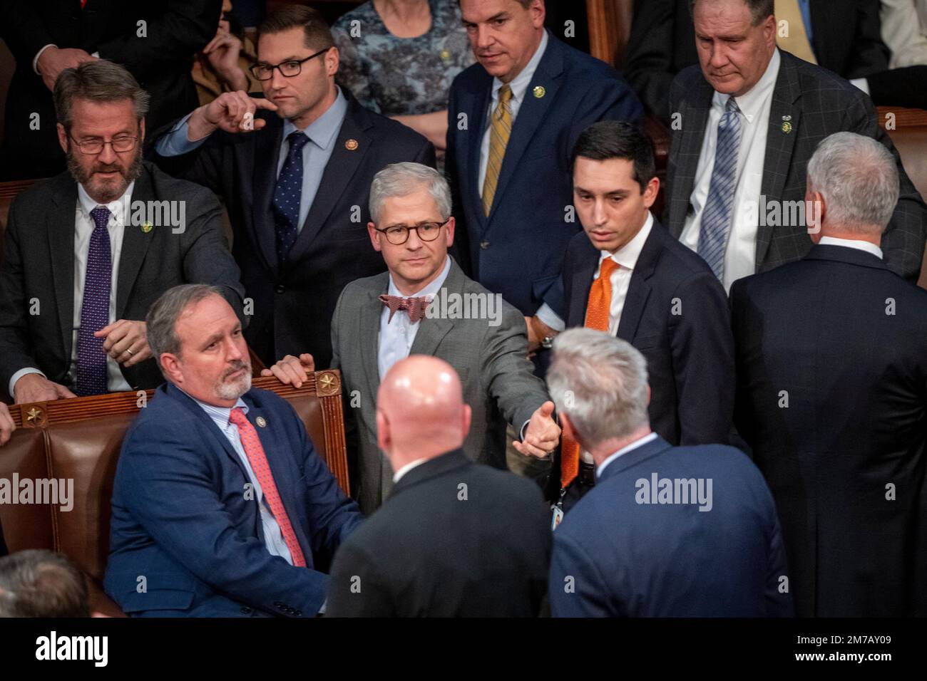 United States Representative Patrick McHenry (Republican of North Carolina) tries to calm down the tension following a verbal confrontation between United States Representative Matt Gaetz (Republican of Florida), who voted 'present,” and US House Republican Leader Kevin McCarthy (Republican of California), after Mr. McCarthy failed to get the votes he needed for the Speakership, on the 14th vote attempt, at the US Capitol, in Washington, DC, USA, Saturday, January 7, 2023. Photo by Rod Lamkey/CNP/ABACAPRESS.COM Stock Photo
