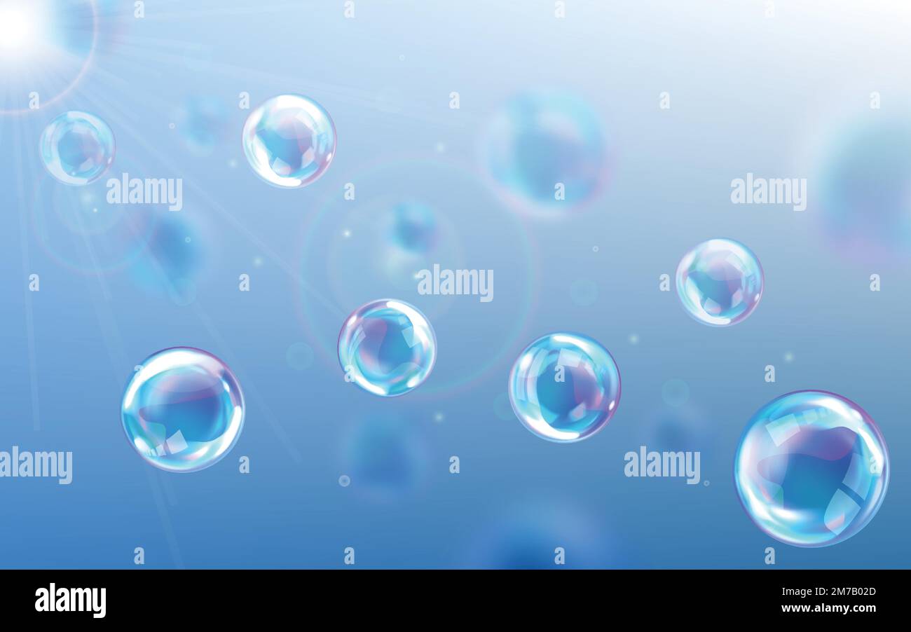 Soap bubbles blue background, realistic transparent air spheres of rainbow colors with reflections and highlights floating through air in rays of sunlight. Beautiful design element Stock Vector