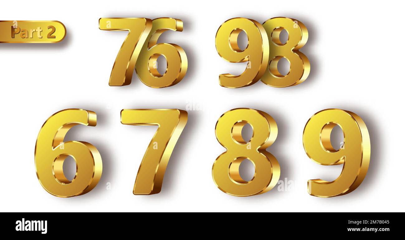 Golden metal unique numbers set of realistic vector illustration. Matte with glossy frame gold metal symbols or signs from 6 to 9, part 2, isolated on white background Stock Vector