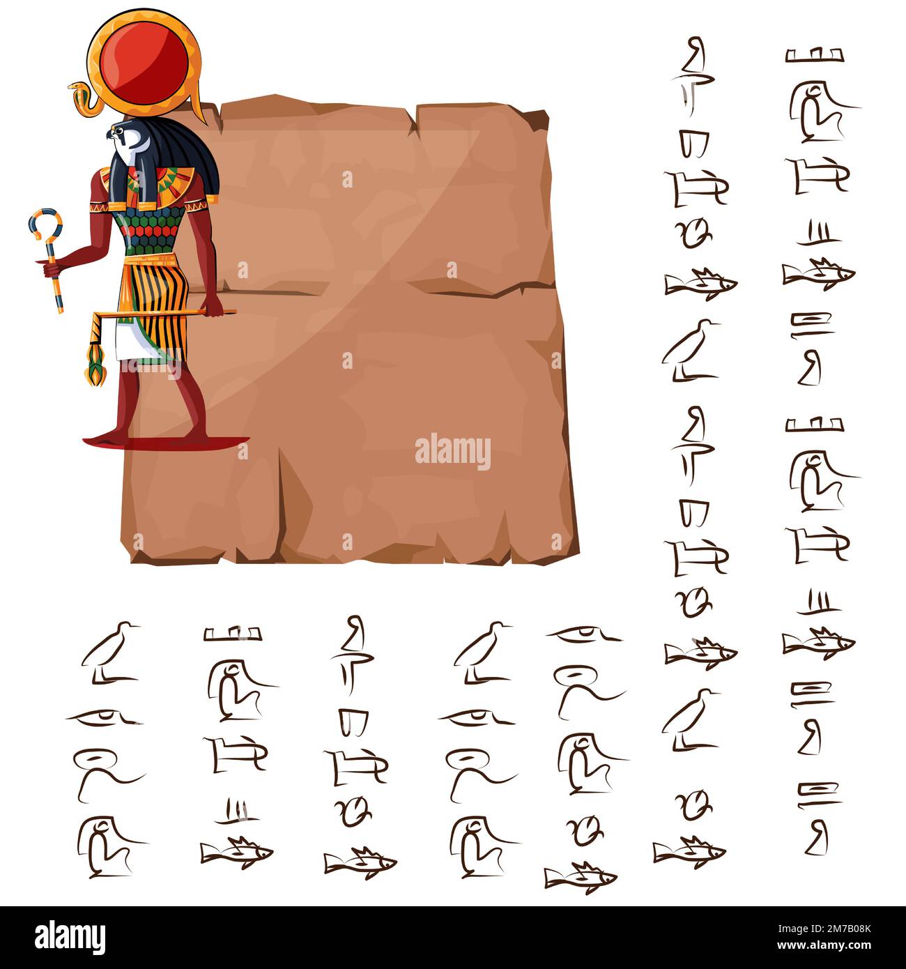 Ancient Egypt papyrus part or stone column with sacred falcon headed god cartoon vector illustration. Egyptian culture symbol, blank unfolded ancient paper with hieroglyphs, isolated on white Stock Vector