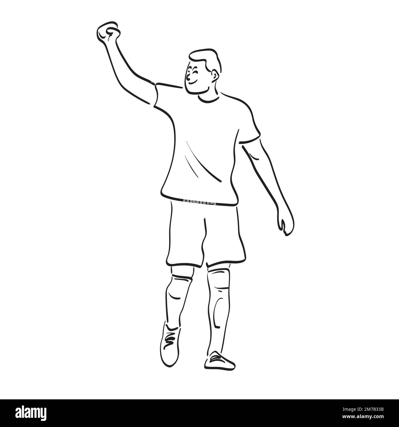 line art soccer player celebrating his goal with fist illustration vector hand drawn isolated on white background Stock Vector