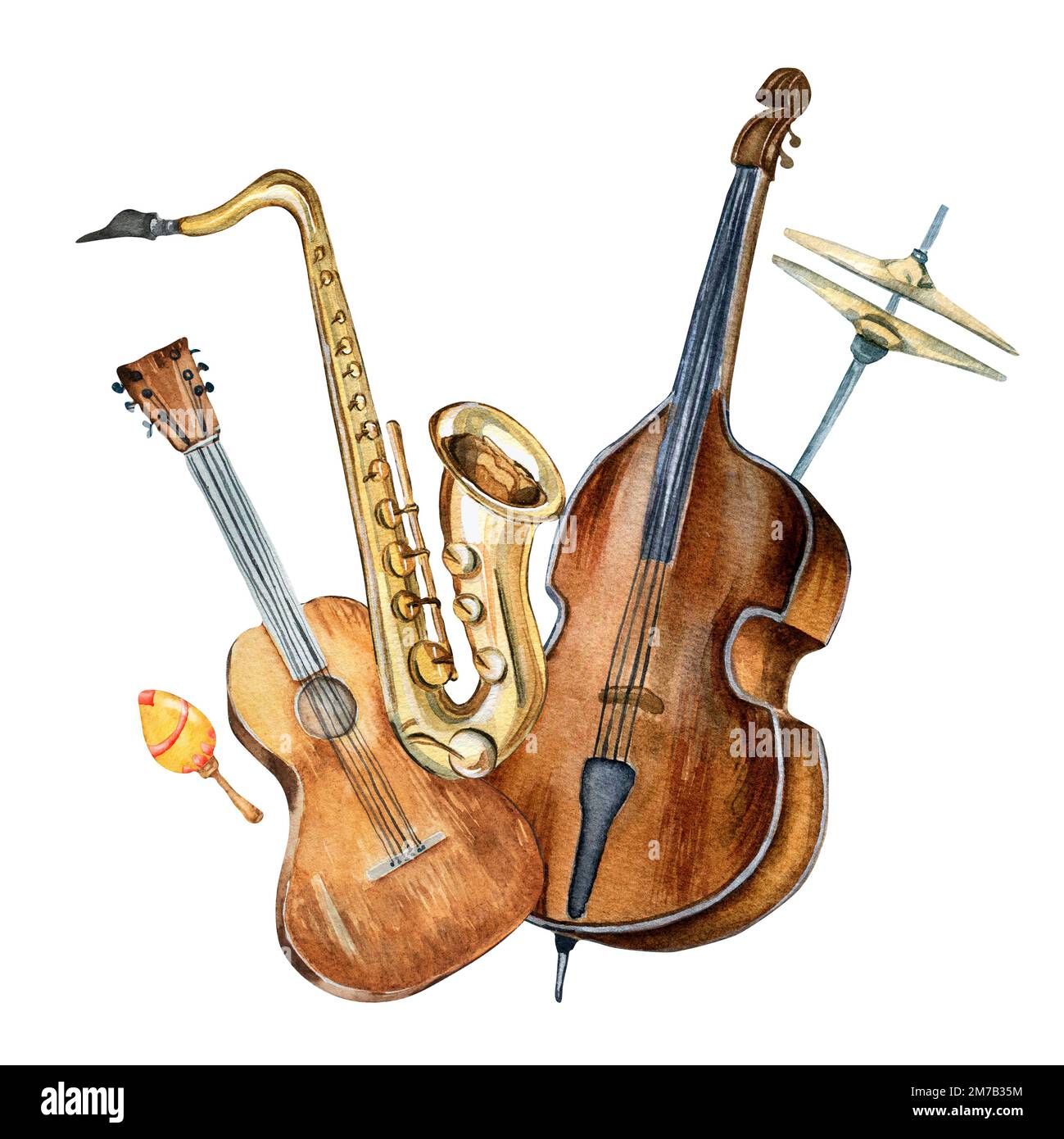 Composition of guitar, saxophone, contrabass musical instruments watercolor illustration isolated. Jazz musical instruments hand drawn. Design element Stock Photo