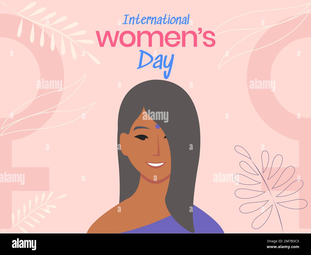 Indian woman celebrating international women's day around flowers and plants on a pink background. Vector illustration. Stock Vector