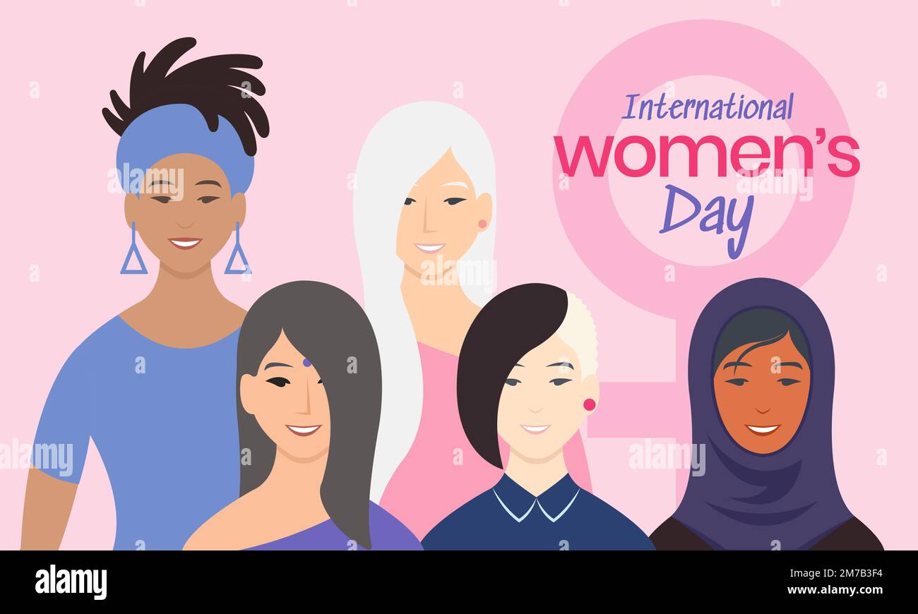 Women of different ethnicities and cultures with a sign of the woman on