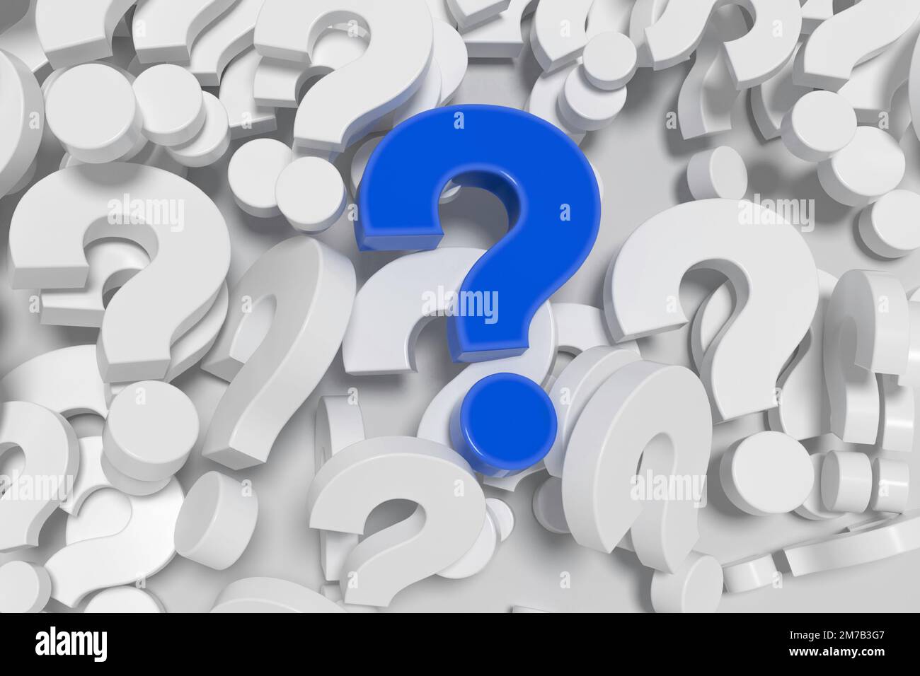 Pile of white question mark symbols with blue question mark on top. 3D