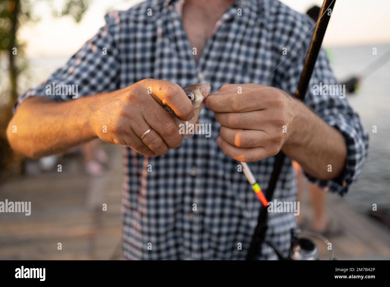 Close-up of a man holding a fishing rod and fish, sport fishing. Stock Photo
