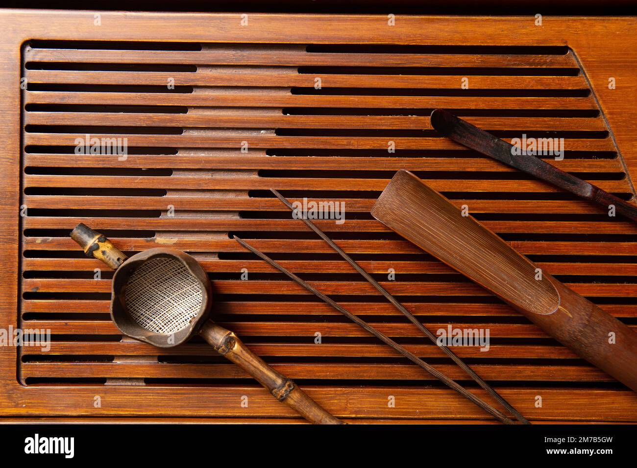Tea ceremony tools on a bamboo board Stock Photo Alamy