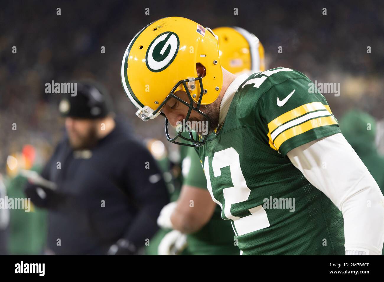 January 8, 2023: Green Bay Packers quarterback Aaron Rodgers (12) waits on  the sideline to enter the game during a football game against the Detroit  Lions in Green Bay, Wisconsin. Kirsten Schmitt/Cal