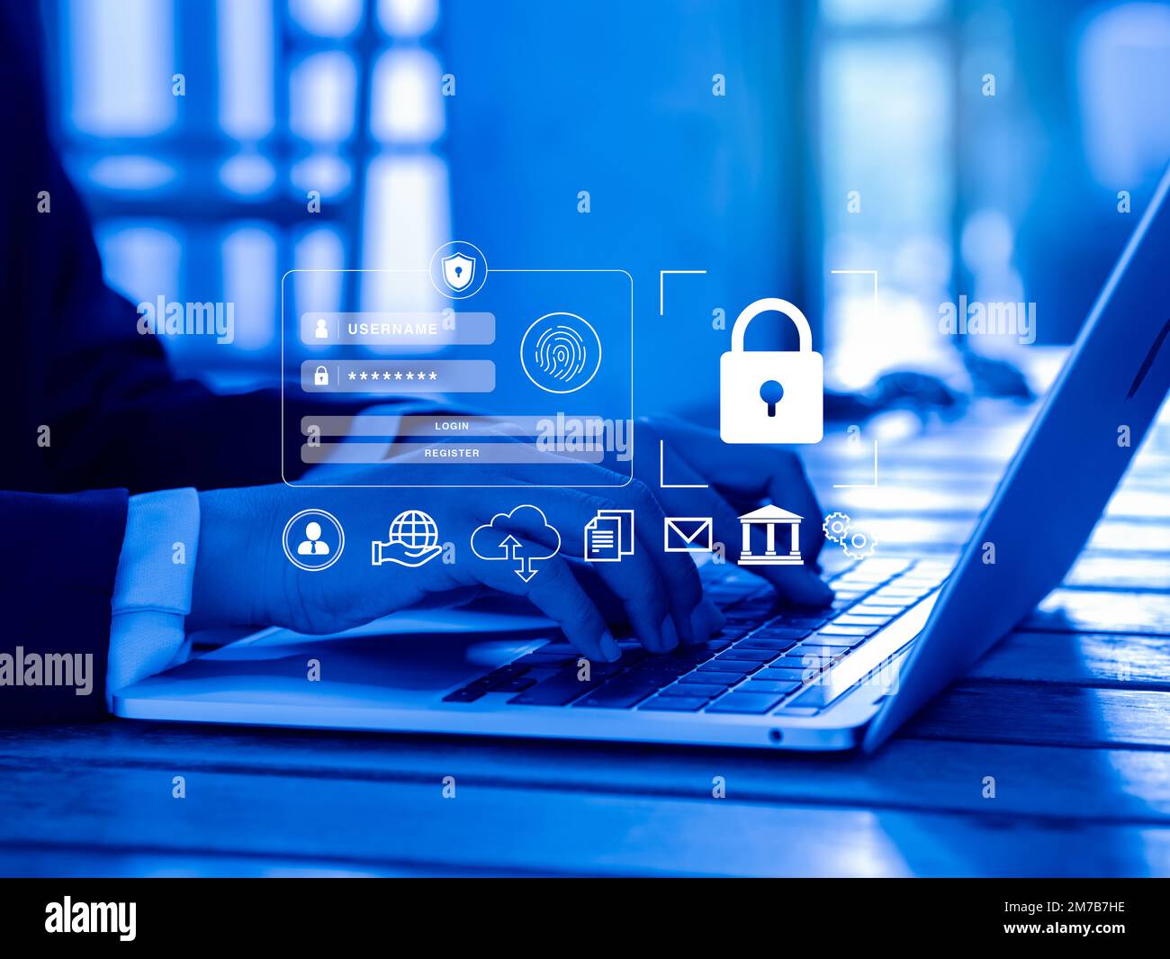 Cybersecurity system technology, login and password, global network security and secured internet access concepts. Lock icon and login page appearing Stock Photo