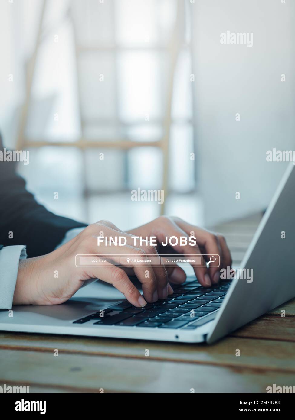 Job or career search, employment, seek for vacancy or work position concept, Find the job, text with searching bar appear while business people using Stock Photo