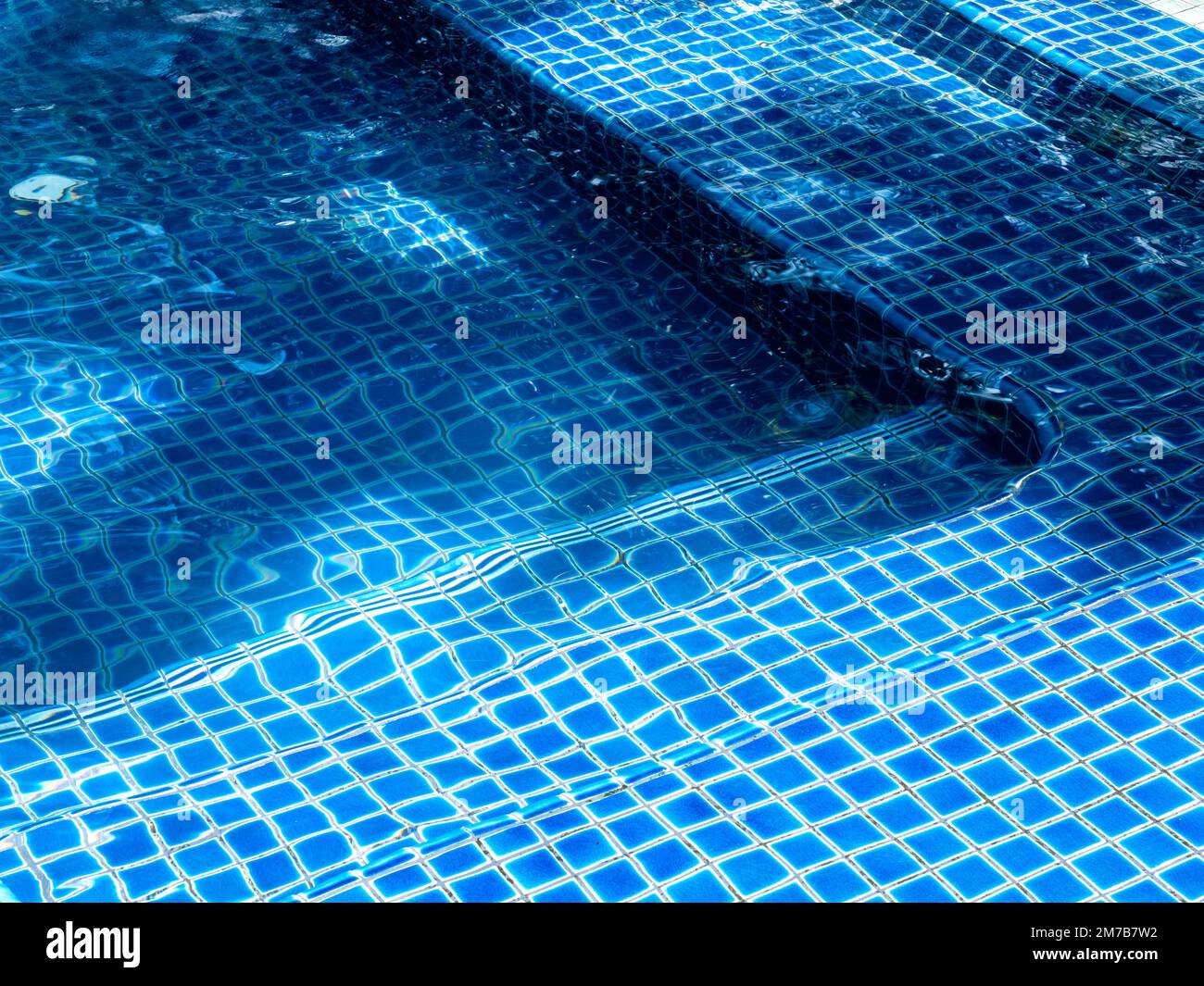 Swimming pool steps with clear water surface background, nobody