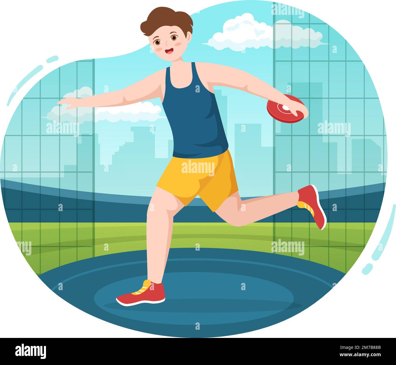 Discus Throw Playing Athletics Illustration with Throwing a Wooden Plate in Sports Championship Flat Cartoon Hand Drawn Templates Stock Vector