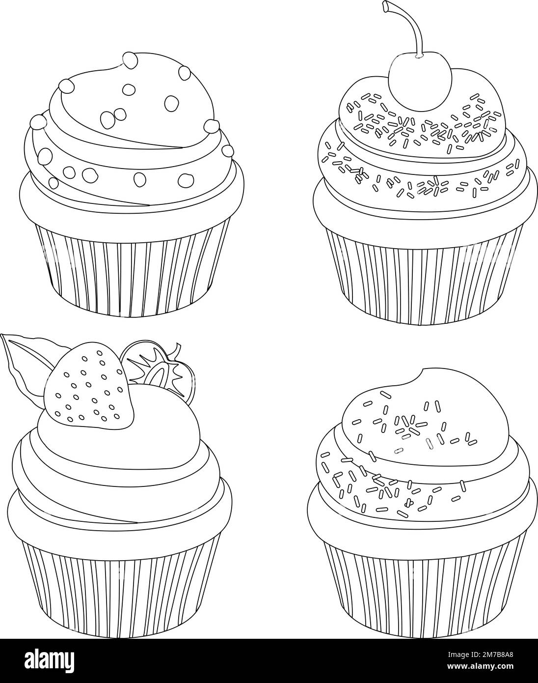 Sweet cupcakes collection. Vector black and white coloring page Stock ...