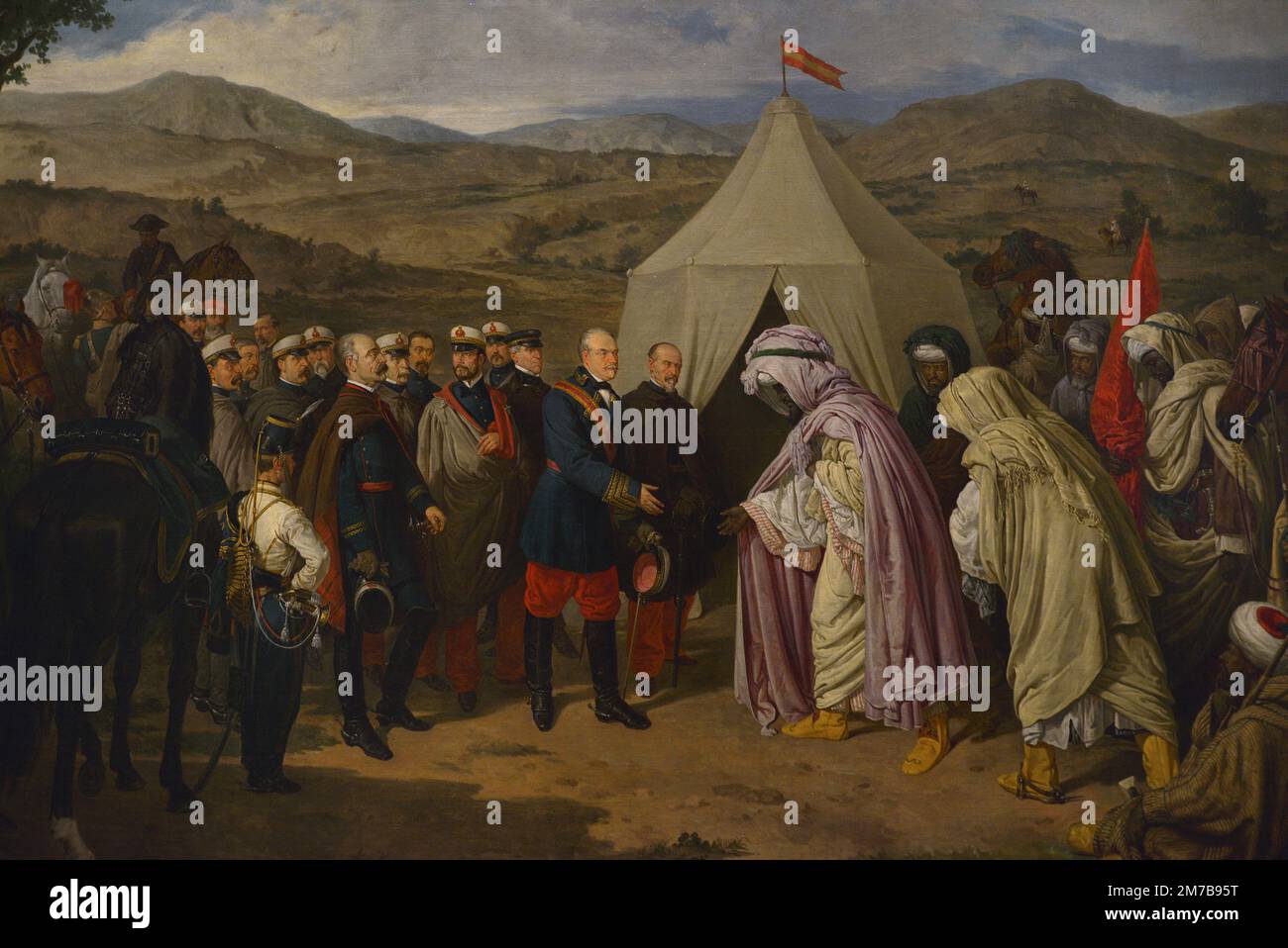 Moroccan Peace (Treaty of Wad Ras). Peace treaty signed in Tetouan between Spain and Morocco on 26 April 1860. It concluded the Hispano-Moroccan War after the successive defeats suffered by Morocco. Oil on canvas by Jose Chaves (1839-1903), 1880. Copy of an original by Joaquin Dominguez Becquer. Detail. Army Museum. Toledo, Spain. Author: José Chaves Ortiz (1839-1903). Spanish painter. Stock Photo