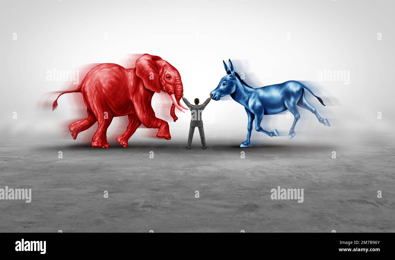 American election campaign fight as a Conservative elephant versus a liberal donkey as two opposing political candidates with a mediator fighting Stock Photo