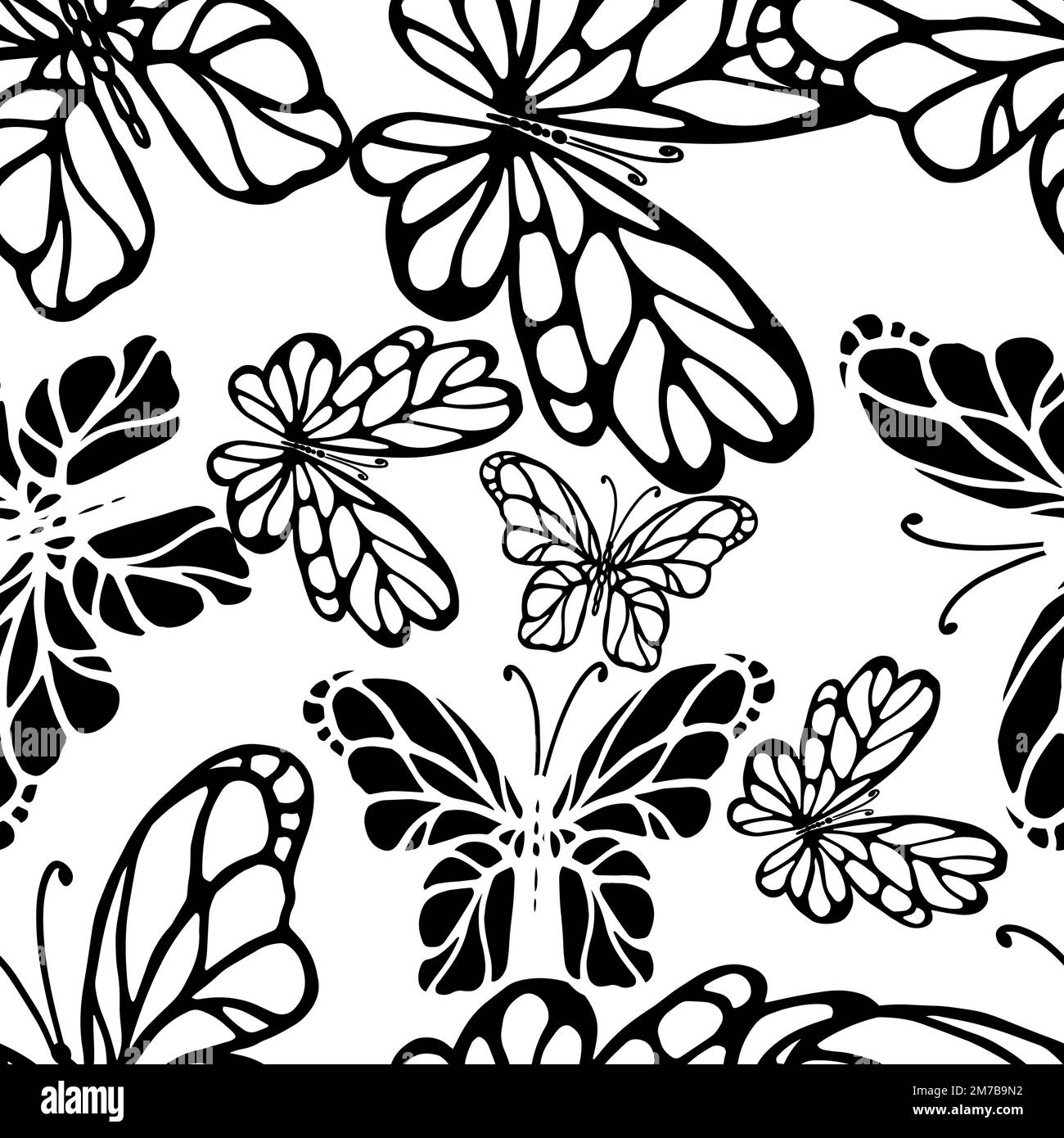 Butterflies black and white seamless graphic pattern. Vector ...