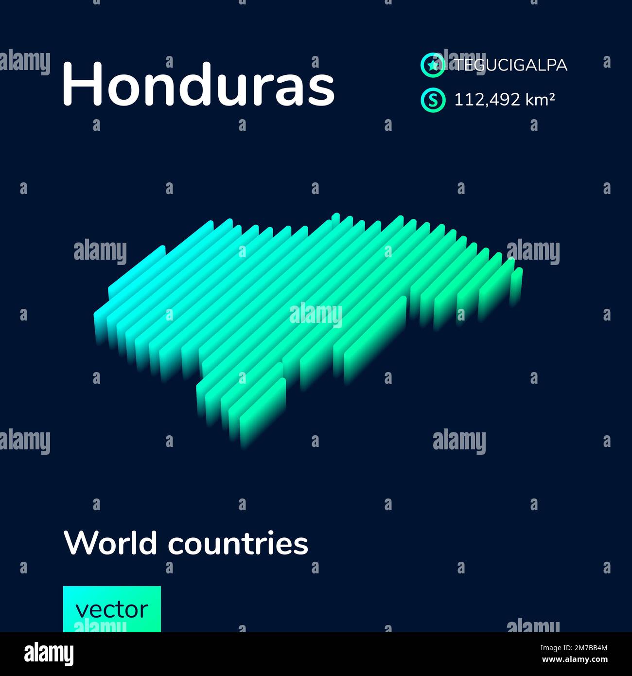 Striped isometric neon vector Honduras 3D map in trend colors. Geography infographic card, poster, banner, template. Stock Vector