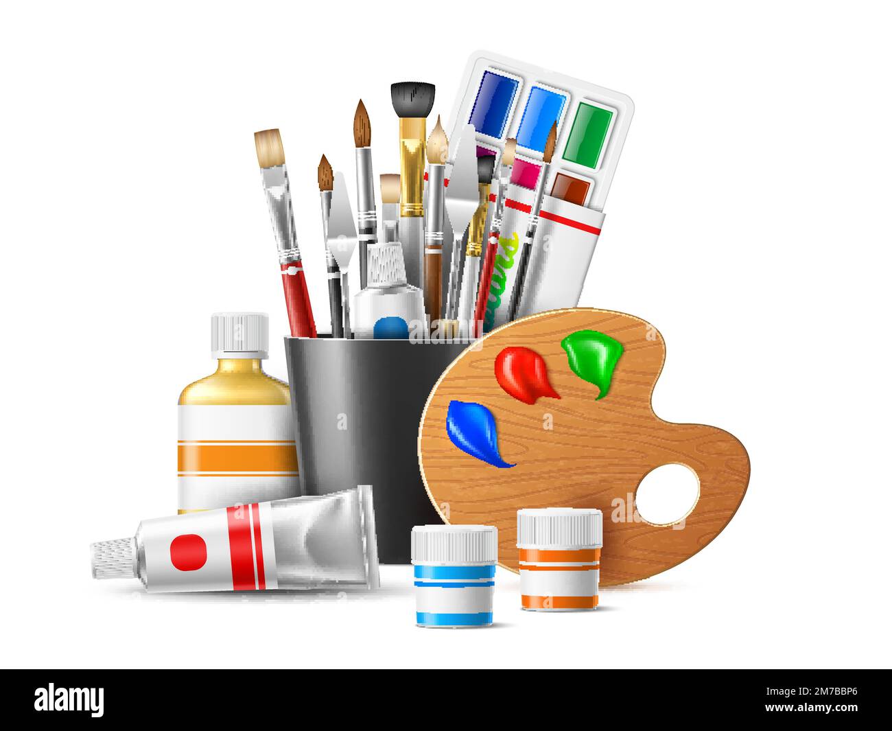 Realistic art tools composition. Painting supplies, creative materials  composition, wooden palette, different brushes, solvent and various paints,  3d Stock Vector Image & Art - Alamy