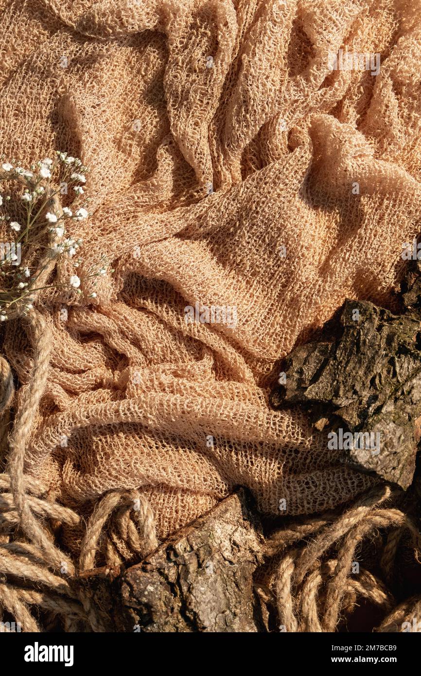 rustic showcase product placement wood sack cloth Stock Photo