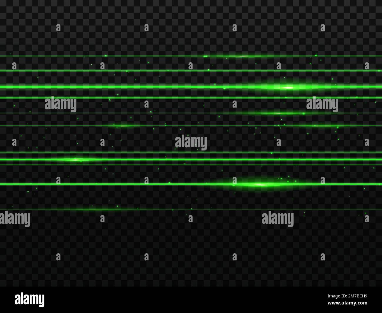 Laser green light beam lines, glow neon flashes and rays, vector effect
