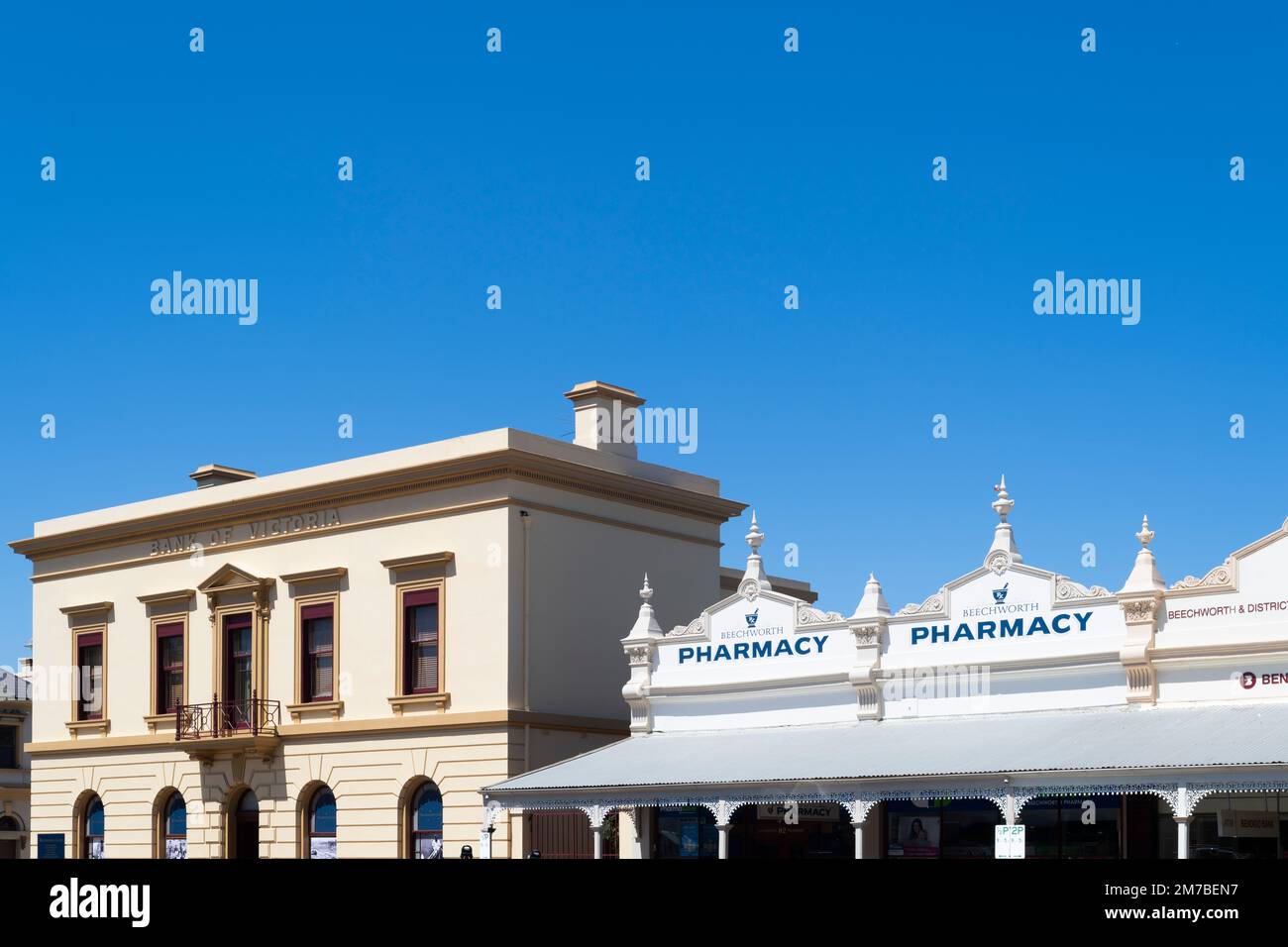 Restored and preserved historic buildings in Beechworth, a travel and tourist destination. Stock Photo