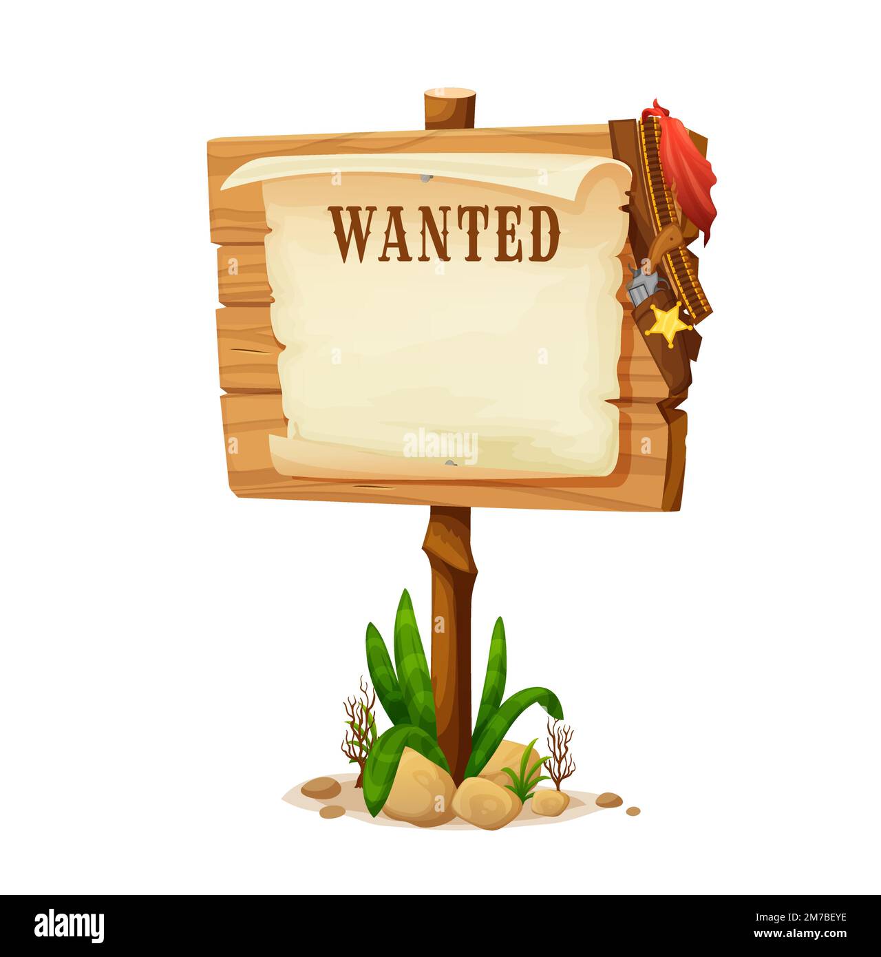 Cartoon wild west wanted board, wooden sign. Isolated vector western game banner with blank
