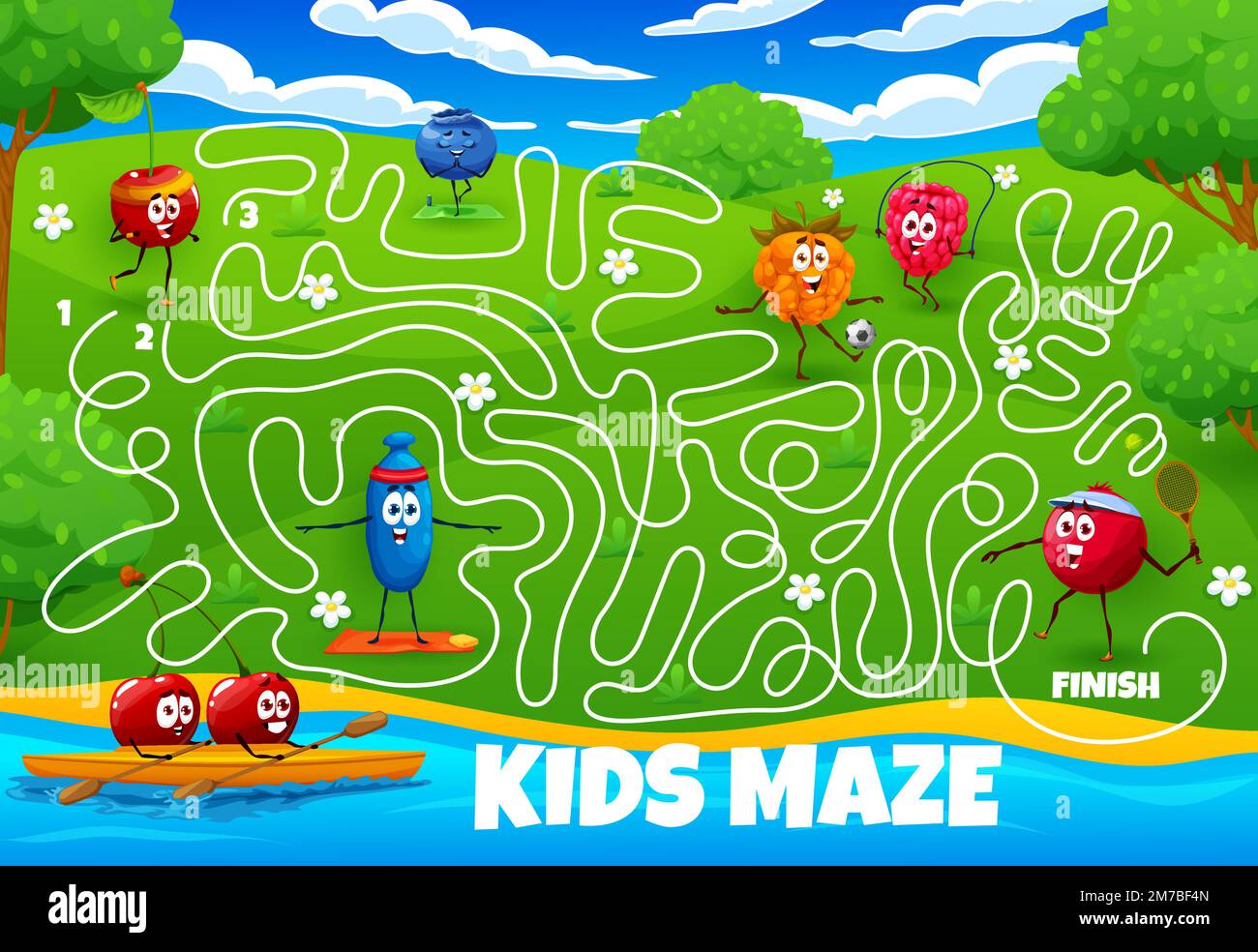 Labyrinth maze riddle, cartoon cheerful berry characters on summer