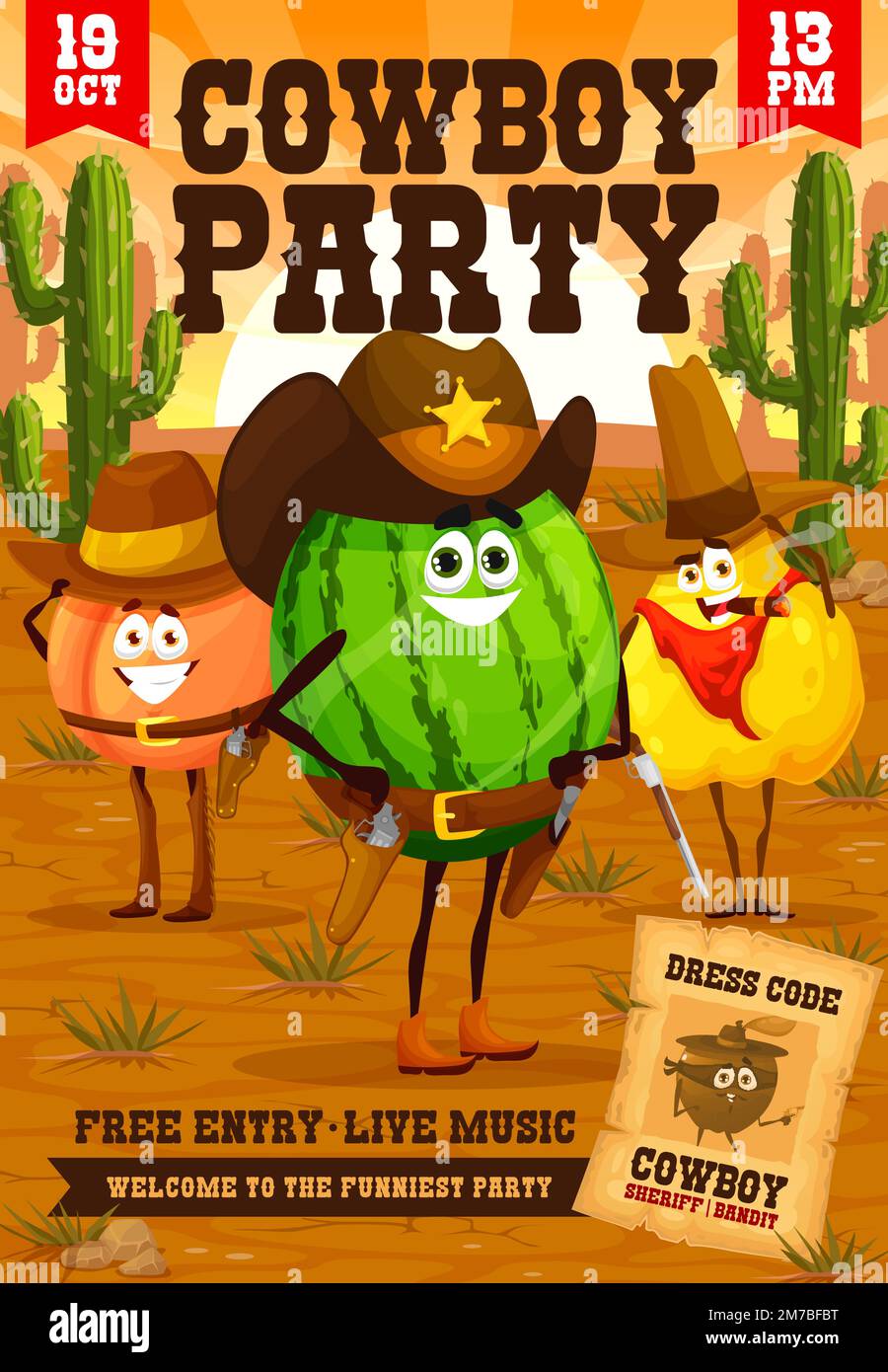 Western kids party flyer, cartoon fruit cowboy, ranger, sheriff and